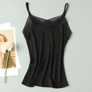 歐凡迪 真絲吊帶短款寬松純色打底背心女 桑蠶絲網(wǎng)紗透氣花邊V領(lǐng)小吊帶 黑色 M