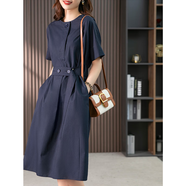 原形法式氣質(zhì)襯衫連衣裙女2024春季新款韓版收腰顯瘦裙子中長(cháng)款 藏青色 XL