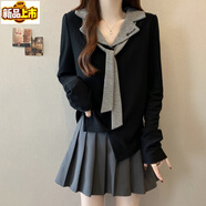 Sorrynam學(xué)院風(fēng)領(lǐng)帶V領(lǐng)長(cháng)袖t恤打底衫女春秋新款大碼胖mm小眾獨特別致上衣 黑色上衣【春款/時(shí)尚感正肩//今 M 【建議80-100斤】