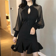 彩木夏顯瘦旗袍秋冬新款氣質(zhì)燈籠袖高腰裙子女荷葉邊雪紡拼接包臀連衣裙 黑色 S93斤以下