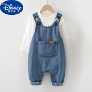 迪士尼（Disney）嬰兒牛仔背帶褲春秋款男幼童按扣連體褲大pp褲一歲女寶寶褲子秋裝 寶藍(lán)色 T恤+背帶褲 90 cm