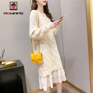 AEMAPE中長(zhǎng)款連衣裙女2025春秋冬季新寬松加厚蕾絲過膝針織毛衣裙子女 白色 M