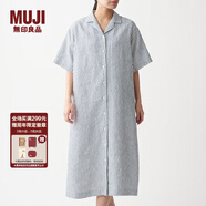 無印良品 MUJI 女式 法國亞麻水洗 五分袖開襟連衣裙 BCL08C0S 米白色X條紋 M-L
