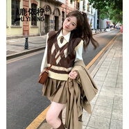 鹿依檸新款連衣裙女2024秋冬女裝學(xué)生韓系甜美減齡學(xué)院風(fēng)jk制服套裝裙子 馬甲+襯衫+百褶短裙 M