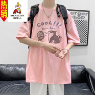 稻草人（MEXICAN）300G重磅純棉短袖T恤男夏季大碼寬松半袖情侶體恤卡通打底衫潮流T 粉紅色 XL