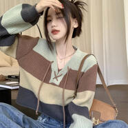 妙奕嘉毛衣女衣服針織衫洋氣款2025春秋新款內搭輕薄慵懶風(fēng)軟糯寬松上衣 條紋撞色系帶針織衫 均碼 【建議80-120斤】
