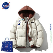 NASA LIKE官方棉服男冬季保暖假兩件連帽棉衣羽面包絨服男士防寒外套棉襖子 N99杏色 L （建議110-130斤）