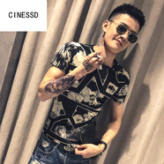 CINESSD社會人短袖男夏季潮牌緊身t恤網(wǎng)紅同款衣服潮流精神小伙半袖體恤男秋冬季 玫瑰R短袖黑色 L