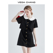 VEGA CHANG假兩件黑色裙子女夏娃娃領(lǐng)法式收腰顯瘦氣質(zhì)連衣裙 黑色 L