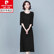 皮爾卡丹女裝2025新款夏銅氨絲七分袖長裙收腰顯瘦遮肚 黑色 XL