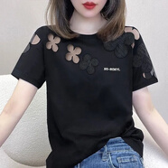 妙變美女t恤女設計感小眾圓領(lǐng)鏤空寬松顯瘦減齡短袖女2023夏新款洋氣上衣 黑色 L 100-120斤