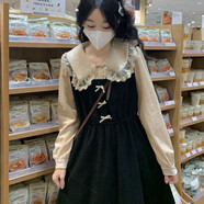 戎諾秋天假兩件連衣裙女2023秋季新款小個(gè)子法式花邊娃娃領(lǐng)學(xué)生裙子 黑色 S 建議70-90斤