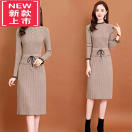 爾煦【品牌撿漏】加絨加厚假兩件針織連衣裙女秋冬中長(zhǎng)款系帶新款修身打底內(nèi)搭毛衣氣質(zhì)女裝 麥卡色【不加絨】 XL 建議115-125斤