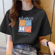 依衣尼短袖t恤女夏季學(xué)生韓版寬松圓領(lǐng)草莓熊印花百搭原宿上衣潮 黑色(四色熊) S 推薦體重70-100斤