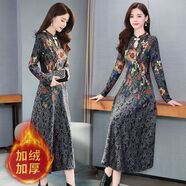 萬(wàn)派摩旗袍改良連衣裙長(cháng)款秋冬新款女氣質(zhì)高端洋氣貴夫人加絨長(cháng)裙子 灰色【加絨保暖】 XL 【建議111-120斤左右】