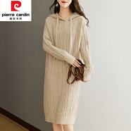 皮爾卡丹（pierre cardin）帶帽針織連衣裙秋冬寬松大尺碼毛衣裙中長(zhǎng)款高級(jí)感衛(wèi)衣裙遮屁股 杏色 L 【110-130斤】