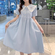 景怡依2026夏季新款寬松胖子學(xué)生胖女孩裙子加肥加大大碼胖童大童連衣裙 淺藍色 2XL
