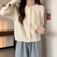 妃奧絨秋冬新款圓領針織開衫外套女韓系穿搭小香風溫柔氣質(zhì)短款加厚毛衣 白色 均碼【建議80-120斤】