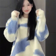 薩姆依藍(lán)白條紋加厚套頭毛衣女秋冬內(nèi)搭馬海毛寬松慵懶風(fēng)軟糯針織衫外穿 藍(lán)色 均碼
