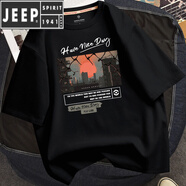 JEEP SPIRIT/吉普 美式復古T恤男短袖加肥加大純棉半袖夏季感大碼肥佬寬松體 黑色(日落城市) 165/S