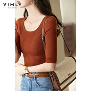 梵希蔓早秋質(zhì)感U型領(lǐng)漏鎖骨針織衫女高彈修身顯瘦上衣半袖打底衫 71068 焦糖色 S