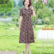 富夕媽媽夏裝短袖碎花連衣裙中年婦女襯衫領(lǐng)中長(cháng)款收腰顯瘦棉綢長(cháng)裙子 紅碎花 XL 建議80-105斤