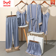 貓人（MiiOW）白色睡衣女夏薄款冰仿真絲五件套裝性感絲滑綢緞春秋蕾絲睡裙睡袍 金邊五件裝藍灰 XL(115-135斤)
