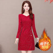秋冬季連衣裙長(zhǎng)袖長(zhǎng)款有領(lǐng)減齡秋季連衣裙女2022新款秋冬高檔加絨收腰矮個(gè)子裙子減齡顯瘦 紅色（加絨加厚） 2XL_【110-125斤】