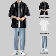 主意范（ZHUYIFAN）胖子超大碼休閑襯衫男士短袖夏季寬松大碼冰絲學(xué)生外套襯衣套裝 C351黑色+純棉T恤+牛仔褲 3XL (185) 165-180斤