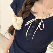 西兒短袖T恤女V領木耳邊少女感夏季辣妹緊身純色衣服假兩件蝴蝶結上衣 藏青M【90-110斤】