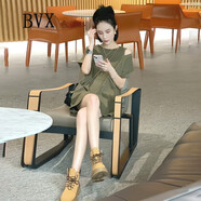 BVX夏季新款連衣裙女法式小眾設計感氣質(zhì)通勤顯瘦小個子露肩純色短裙 綠色 L