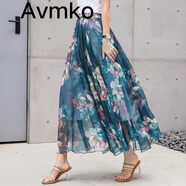 Avmko潮2025夏新款高腰顯瘦雪紡半身裙波西米亞碎花大擺A字沙灘裙長(cháng)裙 柔藍 M