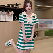 唐菓蜜 海軍領(lǐng)條紋連衣裙女2023夏季新款女裝小個子百搭減齡休閑裙子 綠色條紋 M