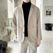 逐夢(mèng)顏 毛呢西裝男上衣秋冬季新款休閑修身高檔青年小西服呢子外套上衣 米色西裝上衣 M【100-120】斤可穿