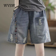 WVSW潮牌洋氣牛仔短褲女高腰a字顯瘦2023夏季新款薄款寬松闊腿五分褲 淺藍色 XL【建議120-135斤】