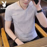 花花公子（PLAYBOY）短袖t恤男士上衣服夏季新款潮牌休閑V領(lǐng)半袖體恤衫男易穿搭 M20灰色 M