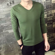 楠子漢#秋裝男士長袖t恤純色薄款男土打底衫圓領(lǐng)修身秋衣上衣內(nèi)穿衣服男 長袖V  軍綠色 S碼建議90斤以下