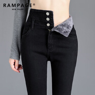 RAMPAGE高品質(zhì)加絨牛仔褲女秋冬季新款超高腰彈力修身顯瘦輕奢百搭褲子女 黑色【御寒保暖】 加絨 30