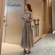 Radinka 2024秋冬新款長袖連衣裙女法式復古碎花雪紡襯衫裙氣質(zhì)百褶長裙 圖片色（實物偏白色）） M