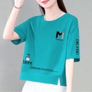 珞達達純棉短袖衛衣女新款韓版寬松短袖t恤短款上衣顯瘦百搭T恤衫 湖藍（LOVE) 3XL 建議145-160斤