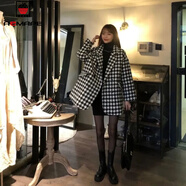 AEMAPE毛呢大衣女2024秋冬新款寬松百搭保暖夾棉加厚千鳥格呢子外套上衣 黑白格不加棉  S