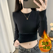 斐特瑪 秋冬季加絨加厚打底衫毛衣女一體絨圓領(lǐng)內(nèi)搭針織衫顯瘦百搭保暖上衣女冬裝 黑色 M