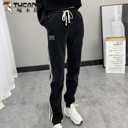 啄木鳥(niǎo)冬季加絨衛褲新款秋冬休閑束腳寬松韓版高腰女士抓絨褲女運動(dòng)褲 黑色 L