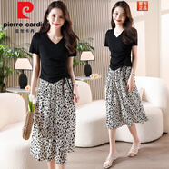 皮爾卡丹（pierre cardin）輕熟小香風(fēng)雪紡半身裙套裝女夏小個子法式顯瘦港風(fēng)碎花裙子兩件裝 黑色 M