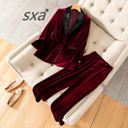 SXA香港潮牌金絲絨小西裝套裝女秋冬新款休閑西服氣質(zhì)職業(yè)兩件套 酒紅色【套裝】 L