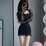 憶靜萱（YIJINGXUAN）純欲性感網(wǎng)紗拼接連衣裙女春秋辣妹修身裙子收腰顯瘦長袖包臀夜店 黑色 046# M 【建議100斤左右穿】