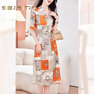 夏典素訂女王（SE.PSTP）重磅真絲上衣女短袖2025新款感時(shí)尚印花桑蠶C絲薄款T恤夏 愛瑪橙杭州今年流行的輕奢品質(zhì) L