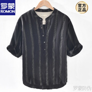 羅蒙（ROMON）男士亞麻料短袖T恤夏季潮流豎條紋半袖中袖棉麻T恤男裝麻布上衣服 1726黑色 L