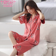 莫代爾睡衣女士夏季純棉短袖中褲家居服夏天媽媽薄款全棉開(kāi)衫加大碼套裝 NX9861 M 女