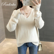 Radinka 2025秋冬新款毛衣女V領(lǐng)純色麻花針織衫打底衫套頭寬松長袖外套女 米白色 S